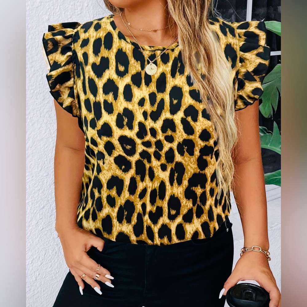 Gold and Black Ruffled Cap Sleeve Blouse
